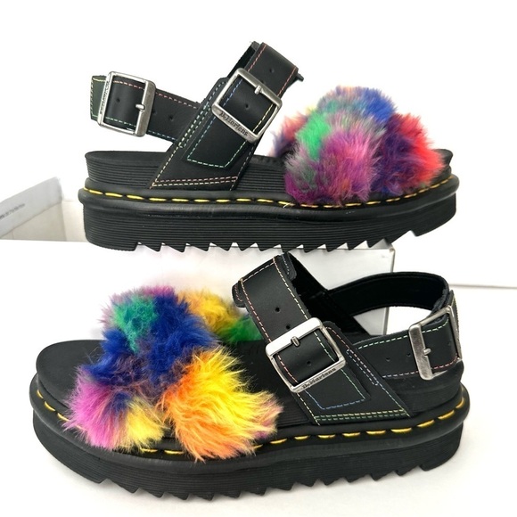 NWOB Dr. Marten Voss II Fluffy rainbow Pride faux fur sandals 7/38 - Picture 1 of 16